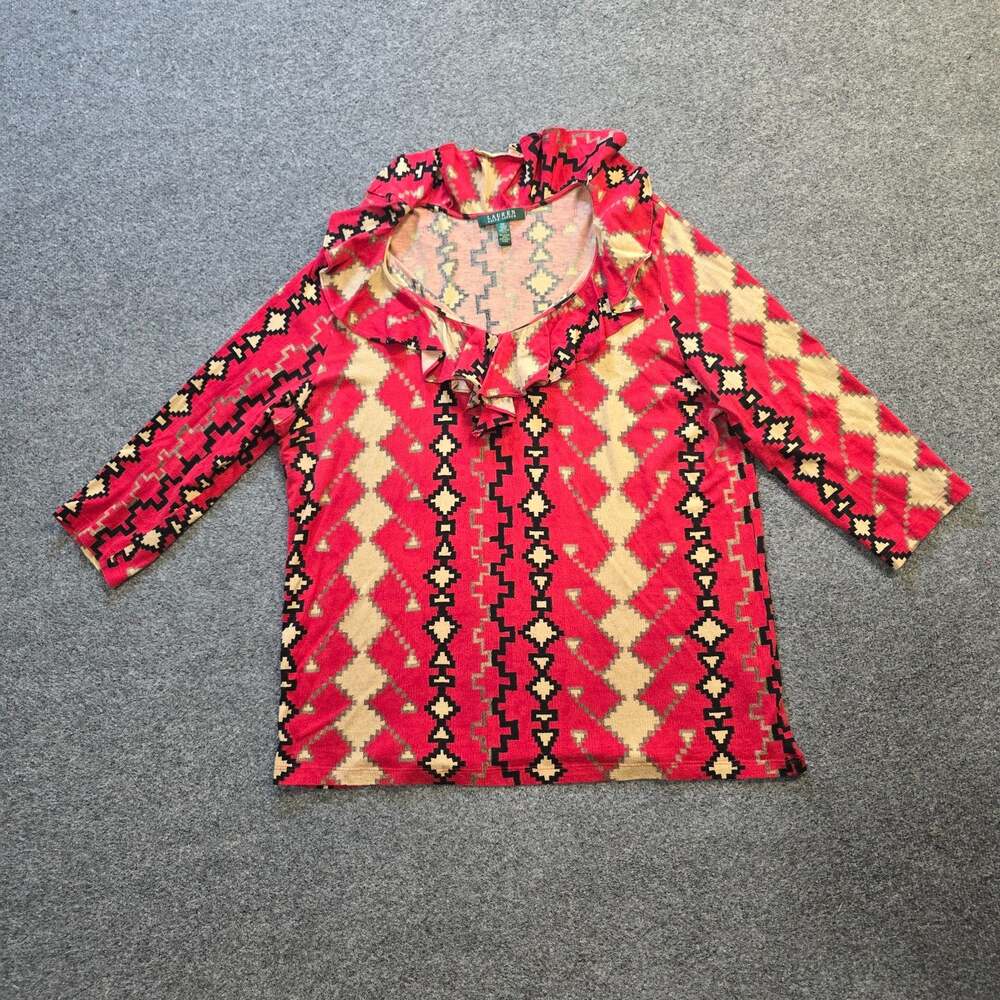 Lauren Ralph Lauren Top Womens Size 2X Red Tan Western Aztec Ruffle Neck Casual